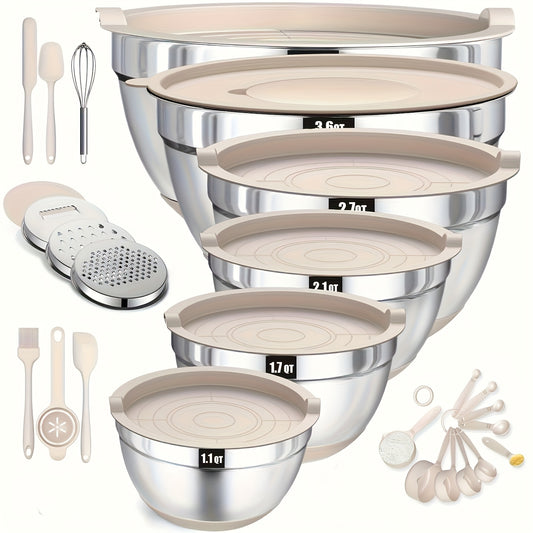 Stainless Steel Mixing Bowl Set Of 26pcs, Including 6 Bowls+20 Kitchen Tools+3 Types Of Sharpening Heads+anti Slip Bottom, Sizes 7, 4, 2.5, 1QT, Suitable for Mixing And Storage, Very Suitable for Mixing And Baking