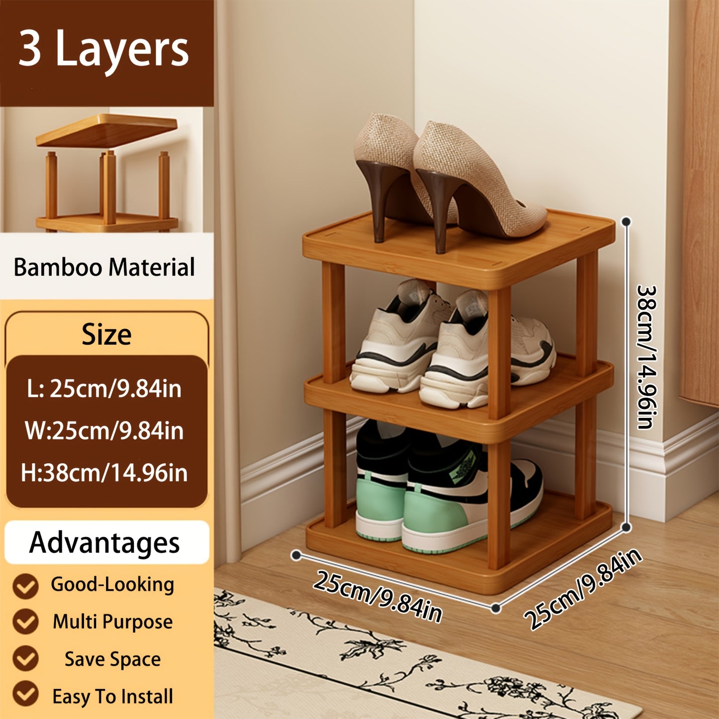 1pc 3/6/9 Layers Bamboo Shoe Rack, Capable Of Storing 3/6/9 Pairs Of Shoes, Wood Grain Decoration, Easy to Assemble, Space Saving, Suitable for Entrances, Living Rooms, Bedrooms, And Dormitories. Brown. Multi Layer Independent Storage Rack.