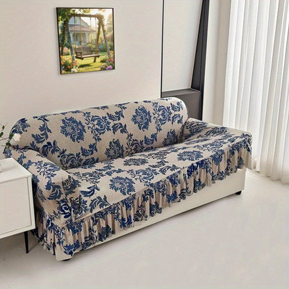 1pc Dark  Slippery Fibre Print Skirt Cover, Which Can Be Used in All Seasons, and the High-stretch Fabric Fits Snugly Around the Sofa. Equipped with a Non-slip Fixed Rod, Stable and Non-shifting, Both Beautiful and Practical.