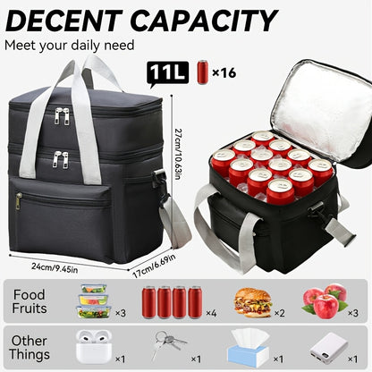Large Capacity Insulated Lunch Bag | Leakproof, Waterproof, with Shoulder Strap, Double Pocket, Portable Picnic Bag for Men and Women, Suitable for Work, School, Picnic, and Beach