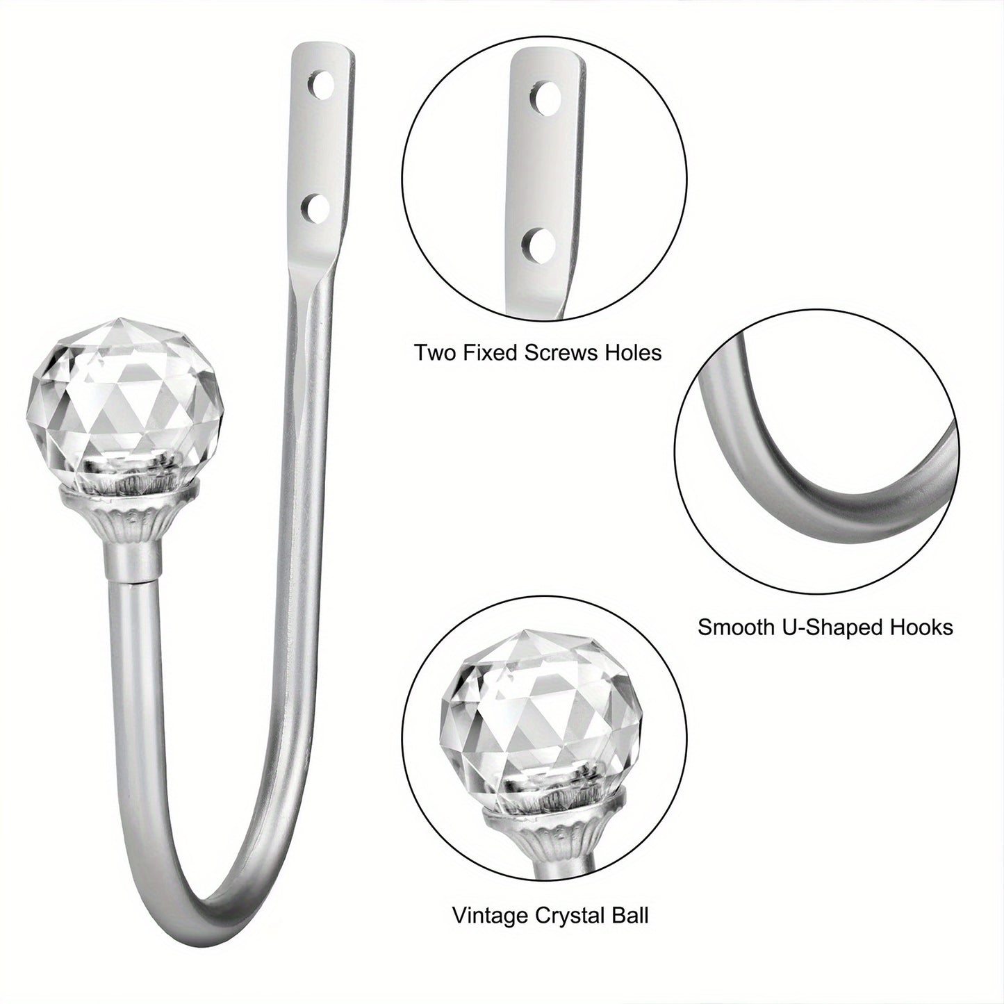 2pcs Curtain Tie Hooks, Crystal Curtain Holdbacks, Heavy Duty Wall Mounted Drapery Tieback Hook for Home, Office, Metal Decorative Hook
