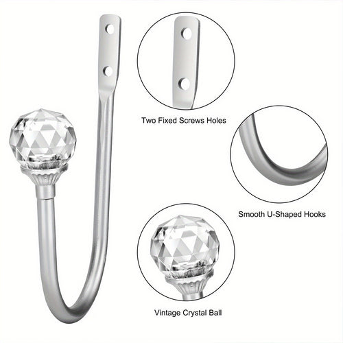 2pcs Curtain Tie Hooks, Crystal Curtain Holdbacks, Heavy Duty Wall Mounted Drapery Tieback Hook for Home, Office, Metal Decorative Hook