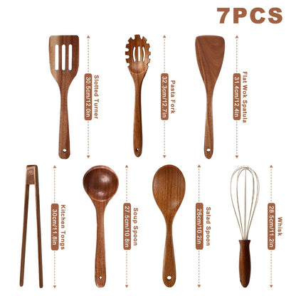 3/5/7Pcs Premium Wooden Kitchen Utensils Kit -Ergonomic Handles Natural Wooden Spoons Spurtle Ladle and Wok Spatulas Heavy-Duty Wooden Utility Set for Non-Stick Pans Heat Resistant Easy to Clean and Durable Kitchen Essentials Cookware Accessories