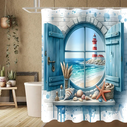 1/4pcss Window View Lighthouse Pattern Bathroom 4pcs Set, Including Shower Curtain+ + Toilet Seat Cover+ U-Shaped with 12 Hooks, Suitable for Apartment/Hotel Bathroom Additions