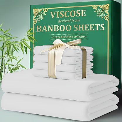 4pcs Bamboo Cooling Bed Sheet Set - Ultra Soft Breathable Sheets With Deep Pocket Fitted Bedspread (18"-24" Height), 2200 TC Cooling Fabric, Shrink & Wrinkle Resistant, For All-Season Comforter Fit - Modern Bedding Collection For Hot