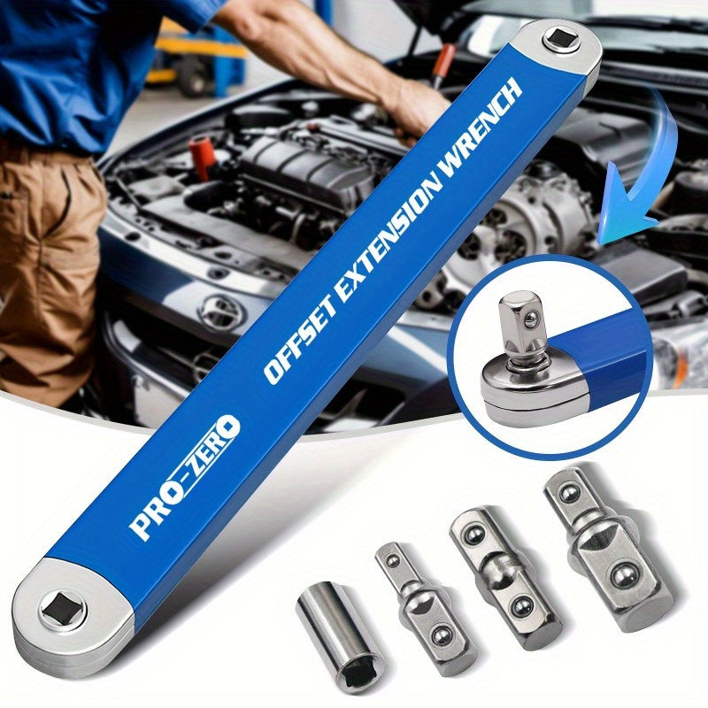 2-in-1 Multi-function Ratchet Offset Extension Wrench with 1/ 2", 1/ 4" And 3/ 8" Square Head Adapters for Use In Narrow Spaces. 180-degree Rotation, High Torque, Non-slip Handle, Durable Metal Material, Suitable for Small Universal Extension Wrenche