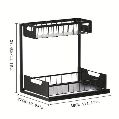 Under Sink Organizer 2-Tier Sliding Pull-Out Metal Rack Cabinet Storage for Kitchen Bathroom Refrigerator Adjustable Shelf Organizer in Black White Gray