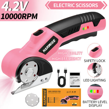HANWISE 4.2V Cordless Electric Scissors, with 2000mAh Battery, Safety Lock, LED Light And Ergonomic Anti Slip Handle, 10000 RPM, Rotary Cutter, Cardboard Cutting Machine, Fabric Cutting Machine, Used for Clothing, Cardboard, Carpet, Leather, Fabric