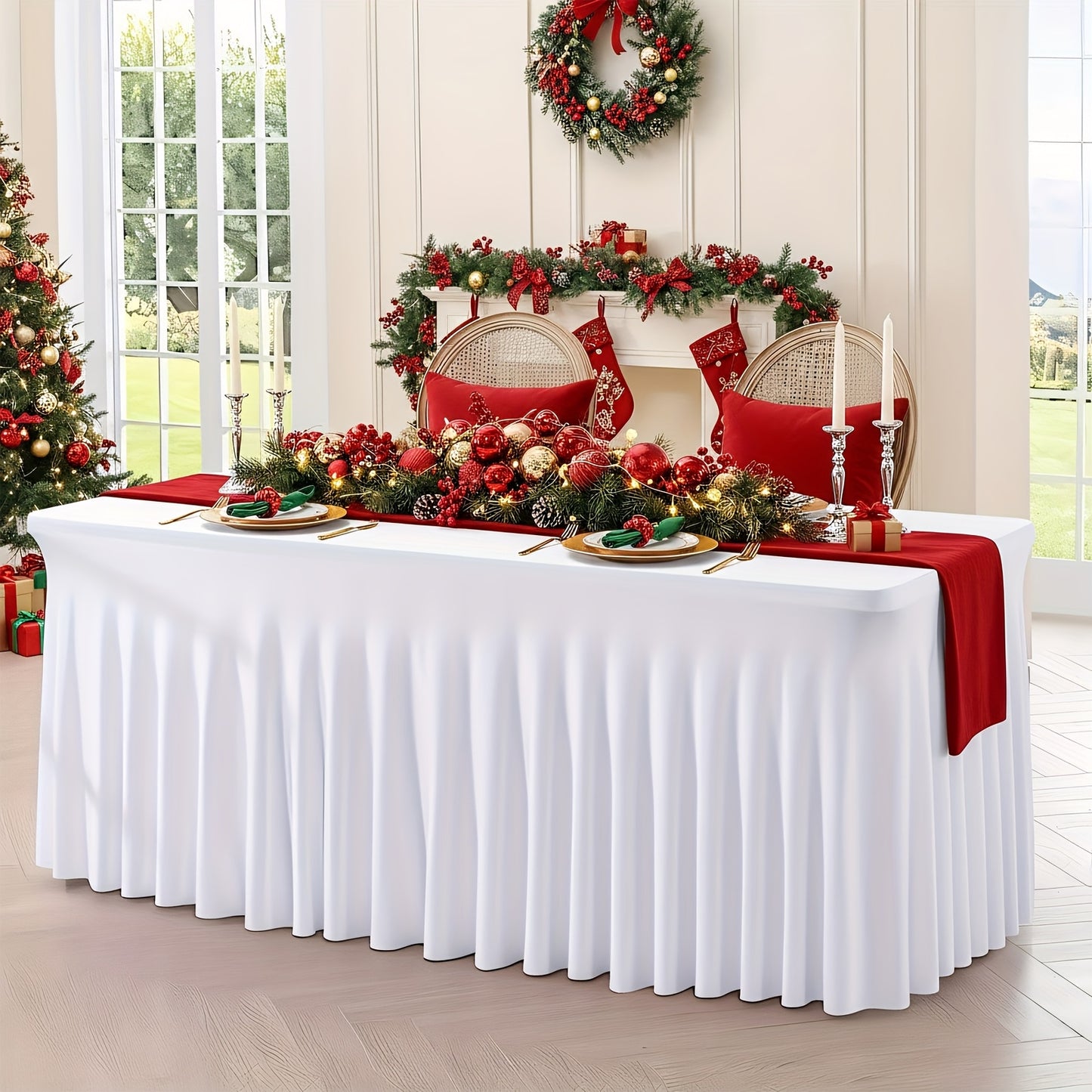 1pc/4pcs Table Skirt, Kitchen Spandex Black/White Table Skirt for Rectangle Tables 6ft, Table Covers for 6 Foot Tables, Washable And Wrinkle Resistant Stretch Rectangular Patio Table Cover for Event, Wedding, Banquet