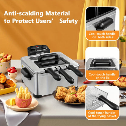 Electric Deep Fryer 5.3Qt Triple Basket 1700W Stainless Steel with Adjustable Temperature, 60-Min Timer & View Window Lid for Home Kitchen