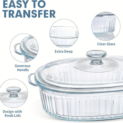 Elegant Glass Casseroles with Lids Set, Ribbed Oval Roaster, Transparent Covered Cookware, Versatile Deep Glass Food Containers, 50oz & 85oz, for Baking, Cooking, Oven & Microwave Safe, with Ideal for Desserts, Chicken, Pasta, for Holidays