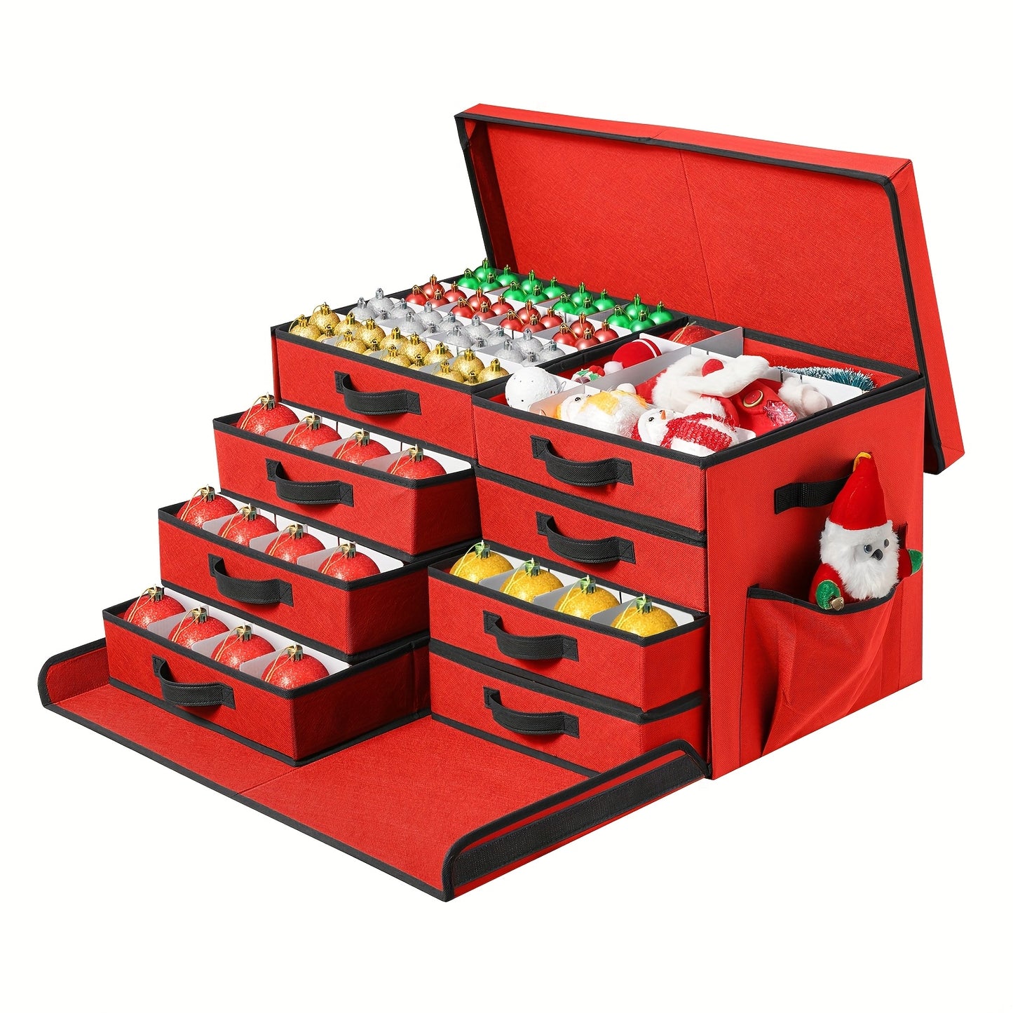 Large Capacity Christmas Ornament Storage Box, Stackable Organizer with Lid And Pockets, Side Open, 8 Trays, 128-3" Holiday Ornament Container with Removable Trays And Adjustable Dividers