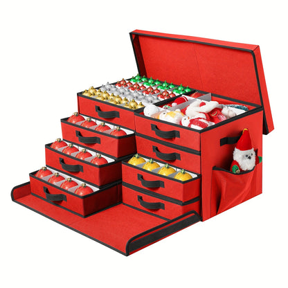 Large Capacity Christmas Ornament Storage Box, Stackable Organizer with Lid And Pockets, Side Open, 8 Trays, 128-3" Holiday Ornament Container with Removable Trays And Adjustable Dividers