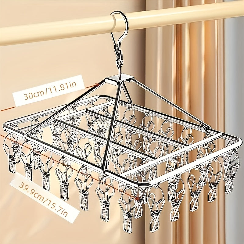 1pc/2pcs, 30-clip Stainless Steel Cooling Hanger, Windproof, Skidproof Hanging Laundry Rack, Suitable for Socks and Underwear, Space Saving Multi-functional Drying Rack, Suitable for Home, Bedroom and Balcony Use., Drying Racks