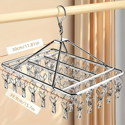 1pc/2pcs, 30-clip Stainless Steel Cooling Hanger, Windproof, Skidproof Hanging Laundry Rack, Suitable for Socks and Underwear, Space Saving Multi-functional Drying Rack, Suitable for Home, Bedroom and Balcony Use., Drying Racks