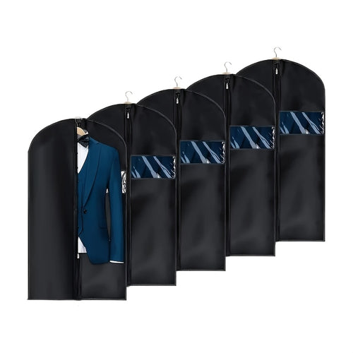 Set of 5 Black Reusable Garment Bags Featuring Panels, Ideal for Storing in a Cabin, Designed for Suits, Shirts, Dresses, And Includes Dust Protection