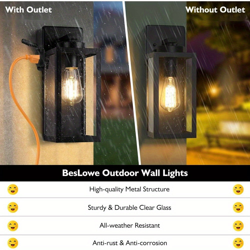 Porch Lights Outdoor, Modern Outdoor Wall Lights Exterior Lighting Fixtures, 2-Pack with Outlet, Outdoor Wall Sconces Outside Lights for House Front Door Garage, Black