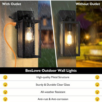 Porch Lights Outdoor, Modern Outdoor Wall Lights Exterior Lighting Fixtures, 2-Pack with Outlet, Outdoor Wall Sconces Outside Lights for House Front Door Garage, Black