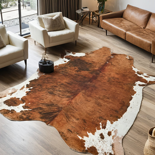 Faux Cowhide Rug with Animal Print Area Carpet, Available in Sizes 5.2×4.6/6.2×5.2 Feet, Brown Western Style Decorative Rug, Suitable for Living Room, Bedroom, Office, and Doorway, Machine Printed, for Home Decoration