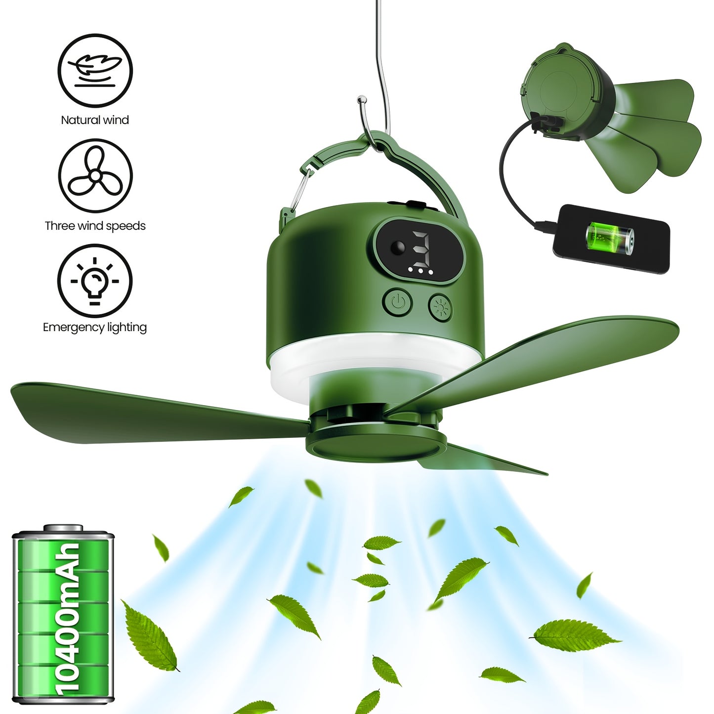 10400mAh Outdoor Small Ceiling Fan USB Charging Fan Camping Fan Lamp Camp Ceiling Fan Rechargeable Portable Remote Control Mini Student Dormitory Mute Big Wind Four-speed Outdoor Camping Fan Mobile Small Ceiling Fan Can Charge The Mobile Phone.