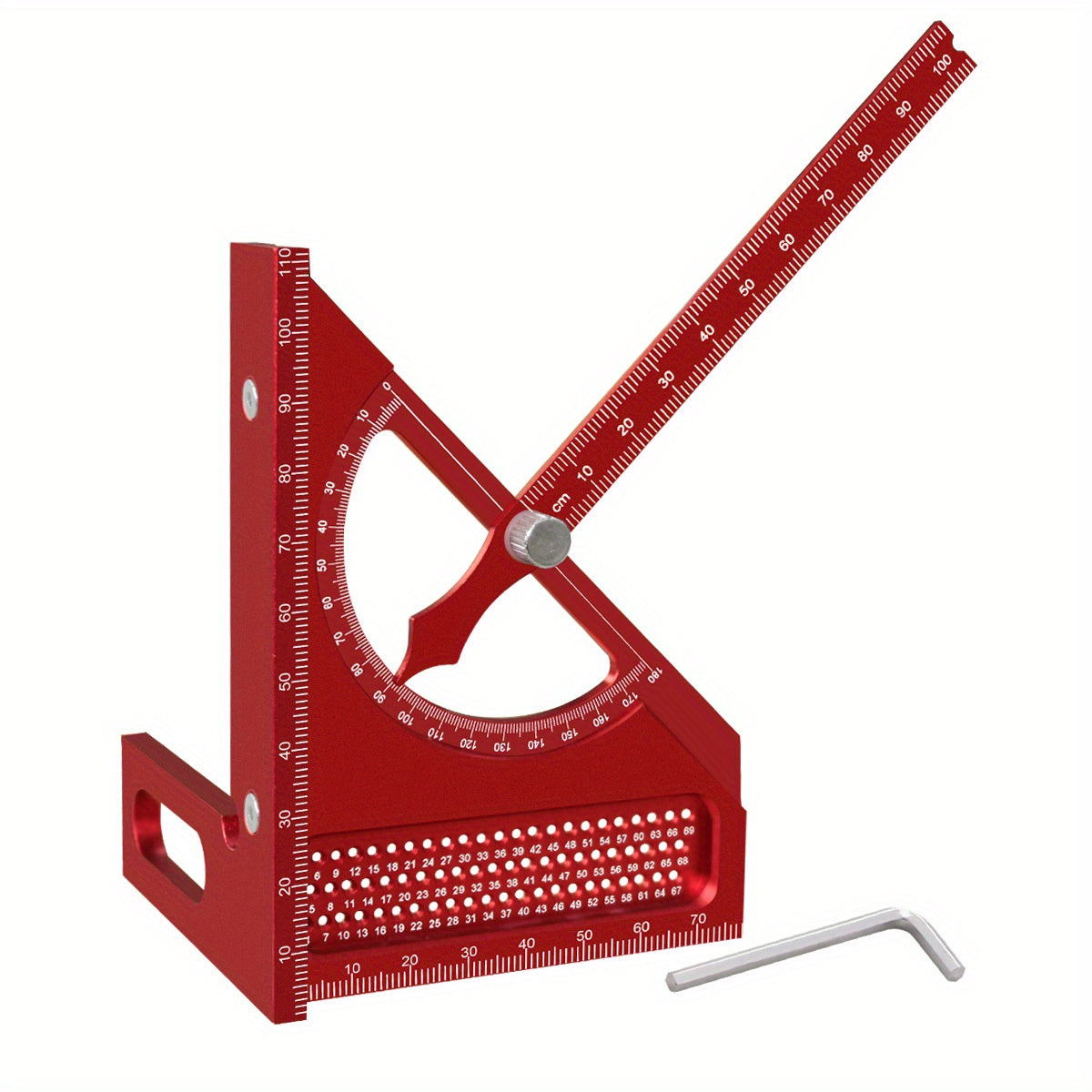 Adjustable 3D Carpentry Square Set - 180° Rotating Aluminum Alloy Triangle Ruler with T-Square Scribing Holes, Red & Black Markings, for Precise Woodworking Measurements, Carpentry Square Set