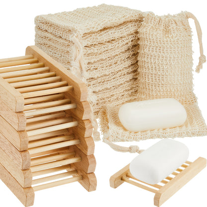60pcs Soap Exfoliating Bag Holder Set | Mesh Sisal Bag and Wood Holder for Shower and Bath Use, Rectangular Shape, Brand: CHUMIA