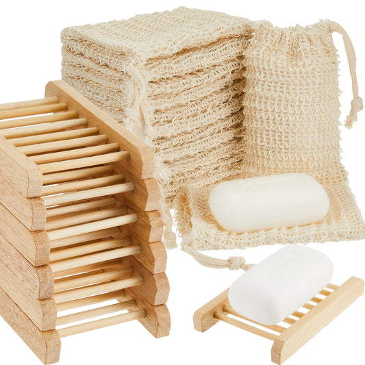 60pcs Soap Exfoliating Bag Holder Set | Mesh Sisal Bag and Wood Holder for Shower and Bath Use, Rectangular Shape, Brand: CHUMIA