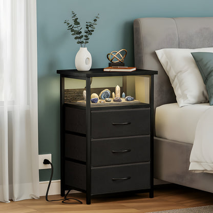 Nightstand with Charging Post, Side Table with USB Port & Socket, End-Table with 3 Drawers & Storage Shelf, Heavy Duty Night Stand, Small Dresser for Small Spaces, School And Dormitory Storage, for Halloween And Christmas, Storage Drawer Units