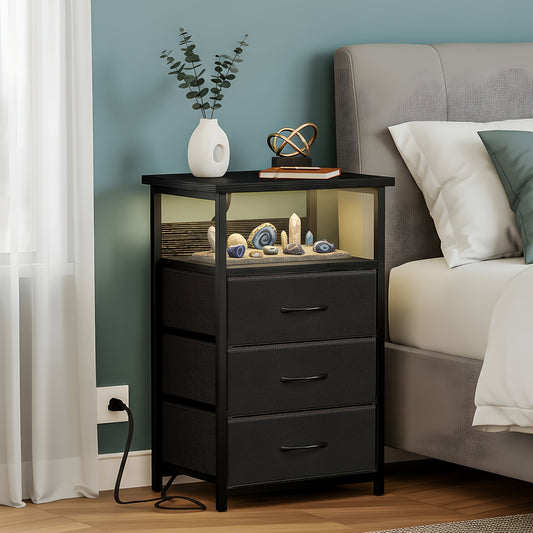 Nightstand with Charging Post, Side Table with USB Port & Socket, End-Table with 3 Drawers & Storage Shelf, Heavy Duty Night Stand, Small Dresser for Small Spaces, School And Dormitory Storage, for Halloween And Christmas, Storage Drawer Units