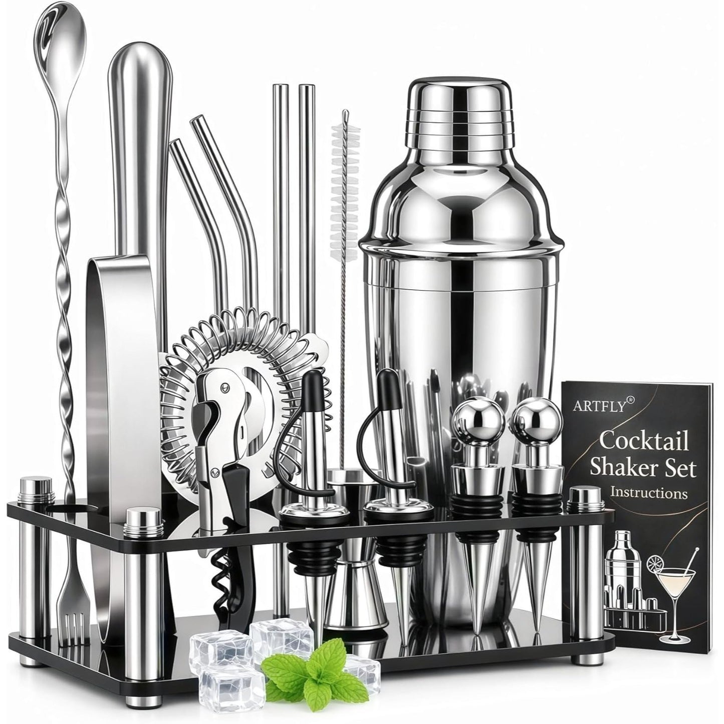 18-Piece Bartender Kit with Acrylic Stand, 18/8 Stainless Steel Bar Set with Martini Shaker, Jigger, Muddler & Recipe Book for Home Bar