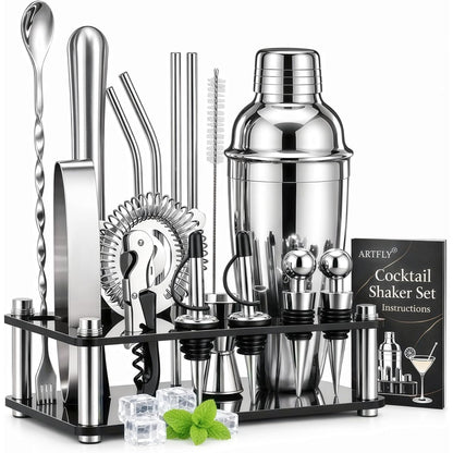 18-Piece Bartender Kit with Acrylic Stand, 18/8 Stainless Steel Bar Set with Martini Shaker, Jigger, Muddler & Recipe Book for Home Bar