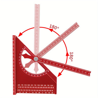 Adjustable 3D Carpentry Square Set - 180° Rotating Aluminum Alloy Triangle Ruler with T-Square Scribing Holes, Red & Black Markings, for Precise Woodworking Measurements, Carpentry Square Set
