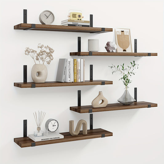 5pcs Floating Shelf Set, 4.7-inch Wide Wall-mounted Tiered Shelf, Vintage-style Wall Storage Rack. Suitable for Bedrooms, Living Rooms, Kitchens, Bathrooms, Home Decor, Offices, and Plant Displays. Available in Dark Brown/black/light Brown, Floating