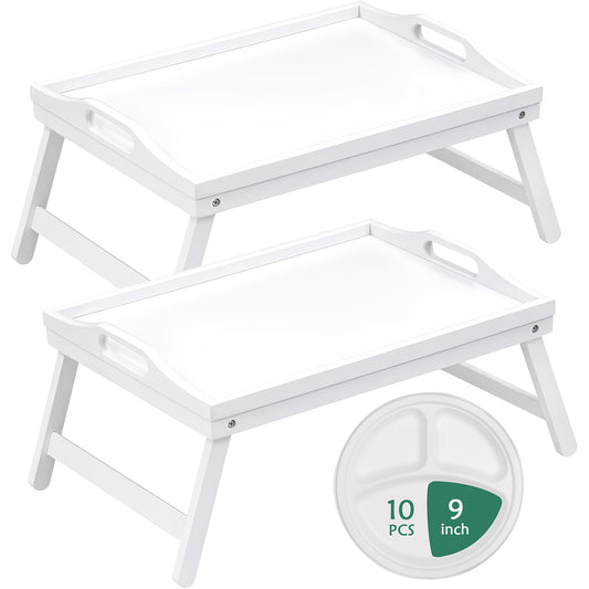 Bamboo Bed Tray Table with Foldable Legs & Handles, Breakfast Tray for Eating, Working & Snacking in Bed — Food-Safe, Durable Lap Desk | White, Black, Natural Bamboo | 1 or 2 Pack