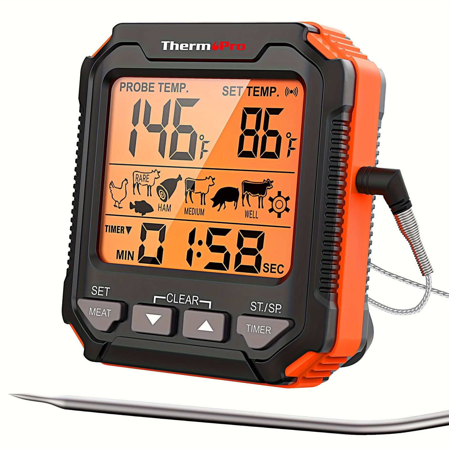 ThermoPro TP716 Digital Meat Thermometer | Backlit, Oven Safe with Meat Probes, Temp Alert for Smoker, BBQ, Oven, Plastic, Single Use, Dry Battery Powered, Can Be Given as a Gift