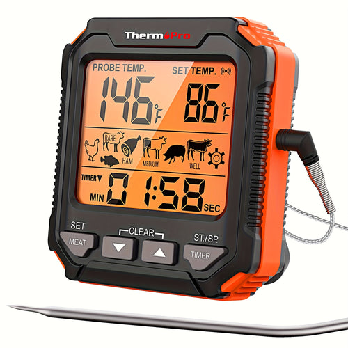 ThermoPro TP716 Digital Meat Thermometer | Backlit, Oven Safe with Meat Probes, Temp Alert for Smoker, BBQ, Oven, Plastic, Single Use, Dry Battery Powered, Can Be Given as a Gift