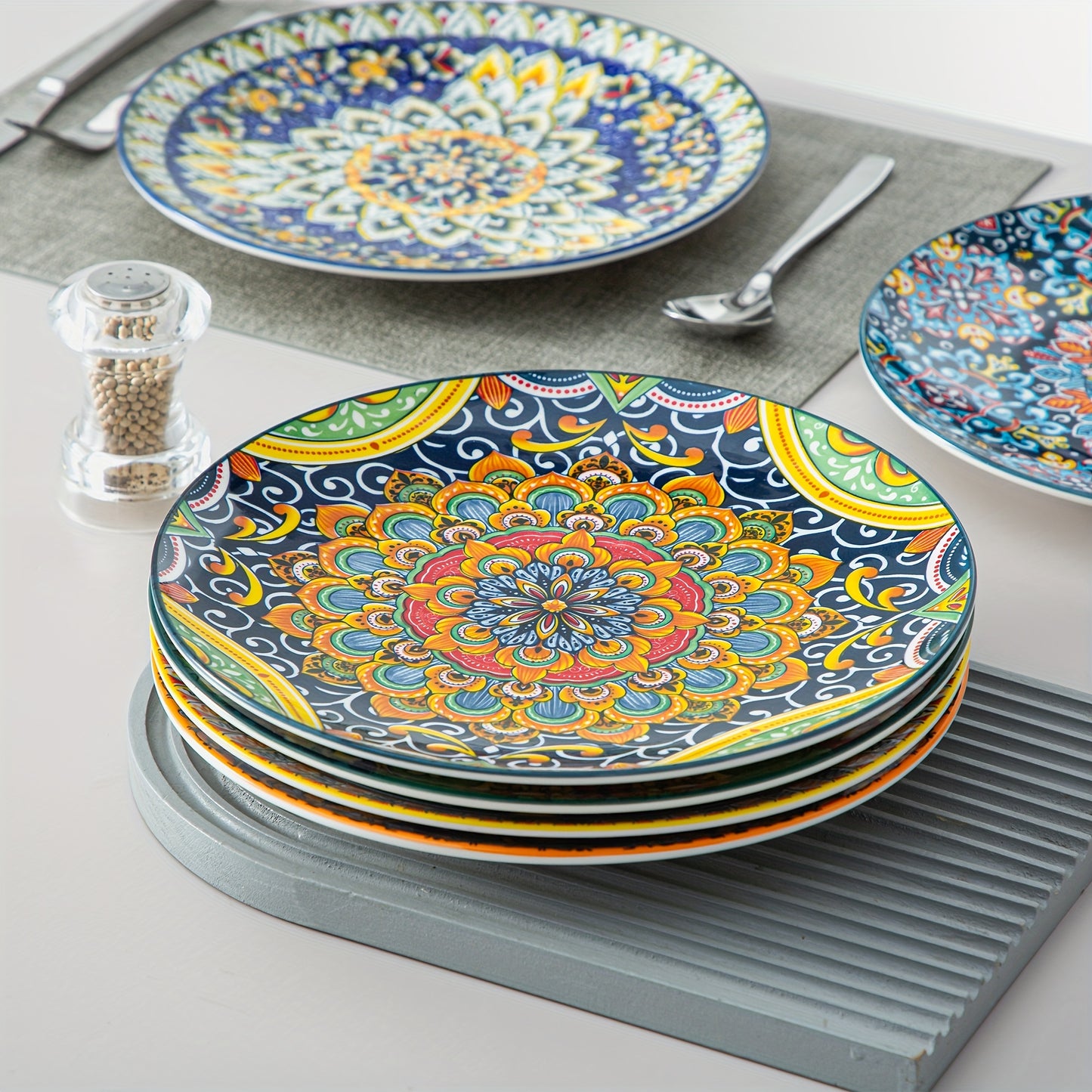 10.5 Inch Colorful Bohemian Style Dinner Plates, Set Of 6