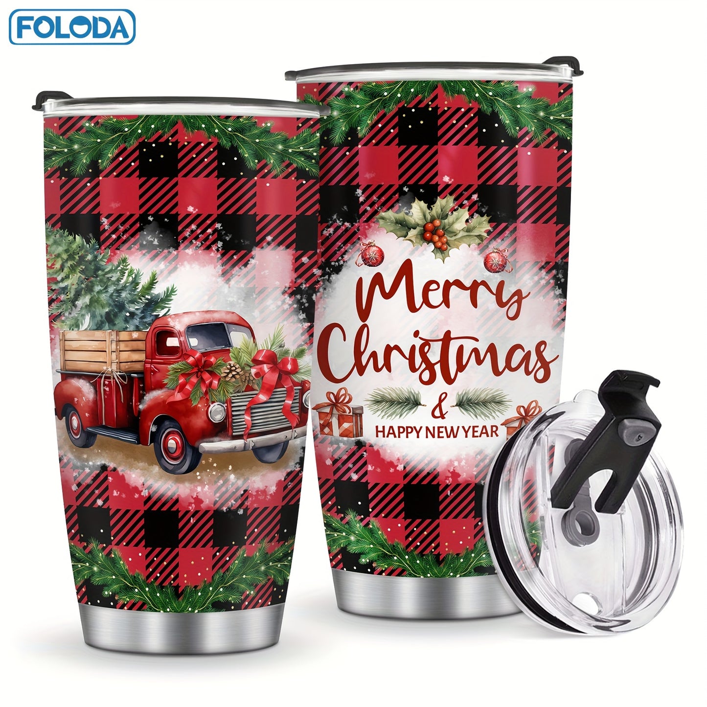 Foloda 1pc Red Truck Tumbler Christmas Patterns Tumbler Merry Christmas Gift Tumbler Stainless Steel Double Wall Vacuum Insulated Tumblers 20oz Coffee Travel Mug Xmas Gift Red Truck Gifts For Men Women Friend Parent Teacher Birthday