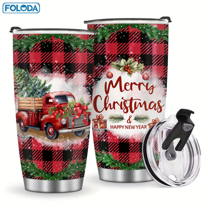 Foloda 1pc Red Truck Tumbler Christmas Patterns Tumbler Merry Christmas Gift Tumbler Stainless Steel Double Wall Vacuum Insulated Tumblers 20oz Coffee Travel Mug Xmas Gift Red Truck Gifts For Men Women Friend Parent Teacher Birthday