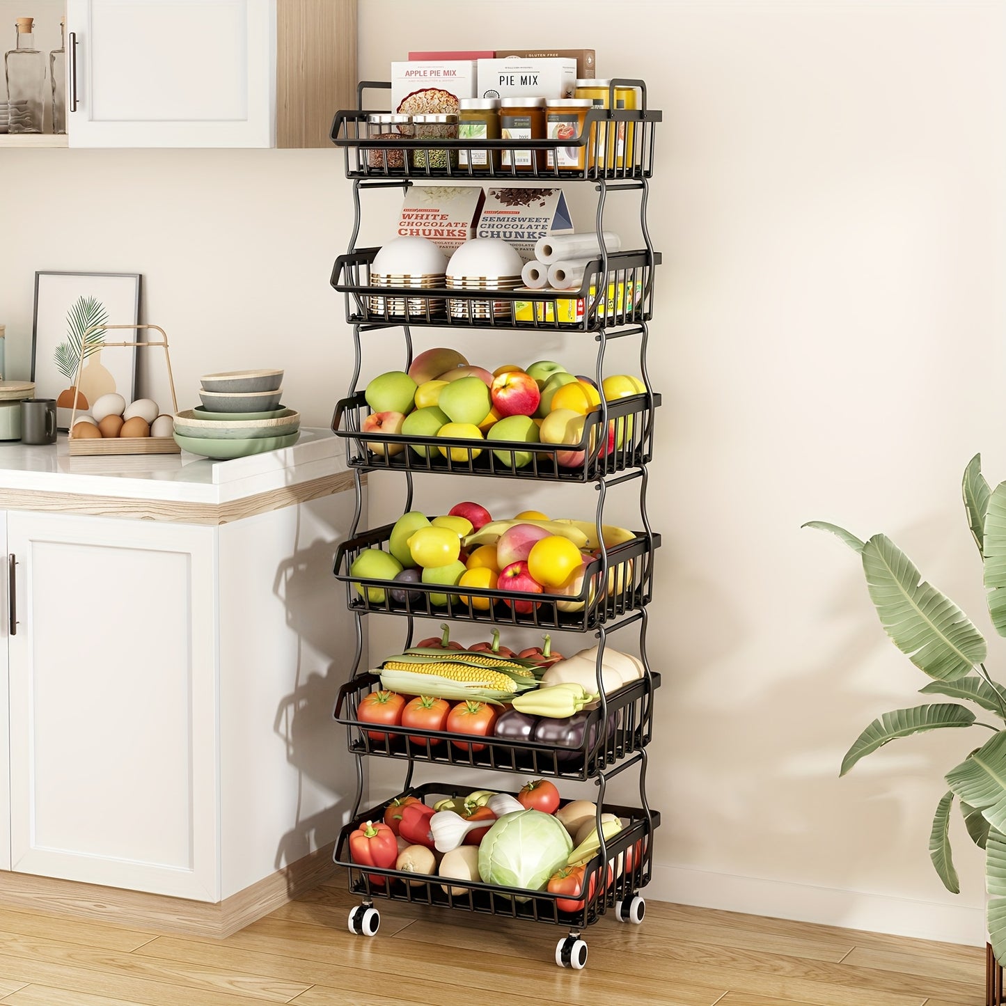 6-Tier Stackable Metal Wire Storage Basket Organizer with Wheels, Oblong Rectangular Design, Space-Saving Kitchen Pantry Organizer for Fruits, Vegetables, Utensils, Visible Open Shelf