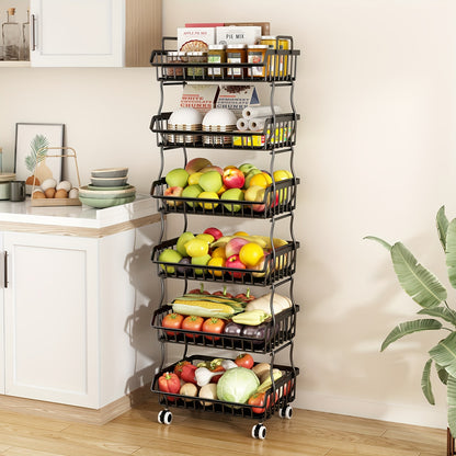 6-Tier Stackable Metal Wire Storage Basket Organizer with Wheels, Oblong Rectangular Design, Space-Saving Kitchen Pantry Organizer for Fruits, Vegetables, Utensils, Visible Open Shelf