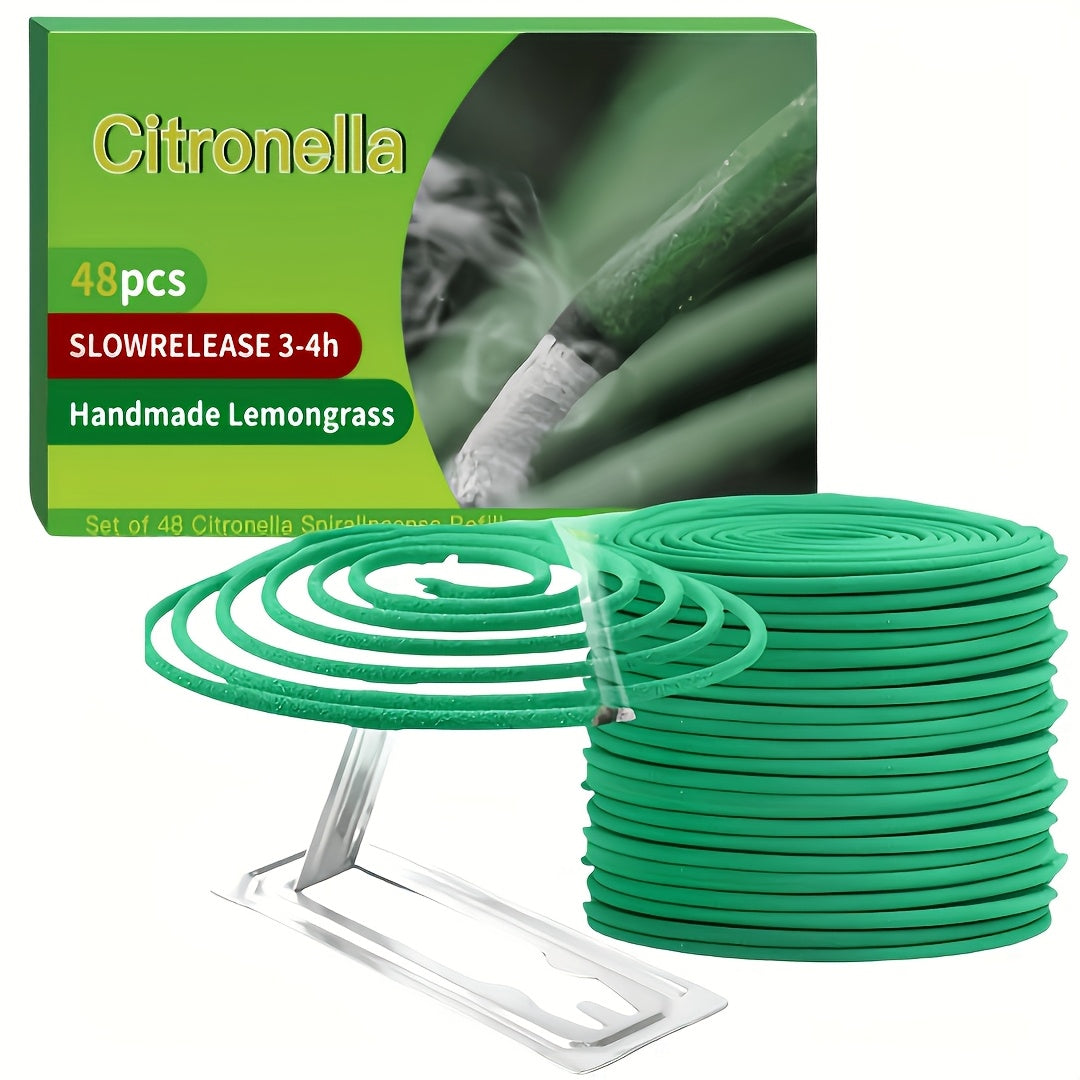 A Box Containing 48 Citronella Essential Oil Incense Coils, Complete with a Complimentary Incense Holder, Ideal for Outdoor Activities Such As by The Pool, on The Patio, Porch, Deck, Or During Camping And Hiking, Featuring Lemongrass