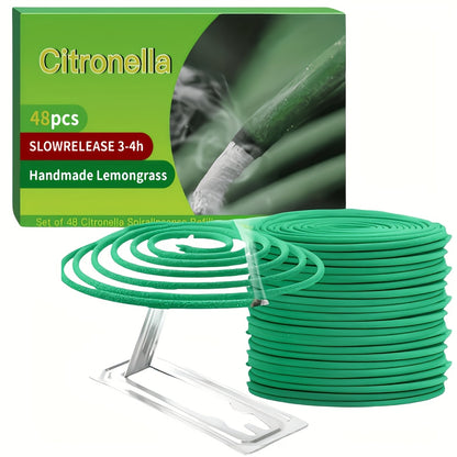 A Box Containing 48 Citronella Essential Oil Incense Coils, Complete with a Complimentary Incense Holder, Ideal for Outdoor Activities Such As by The Pool, on The Patio, Porch, Deck, Or During Camping And Hiking, Featuring Lemongrass