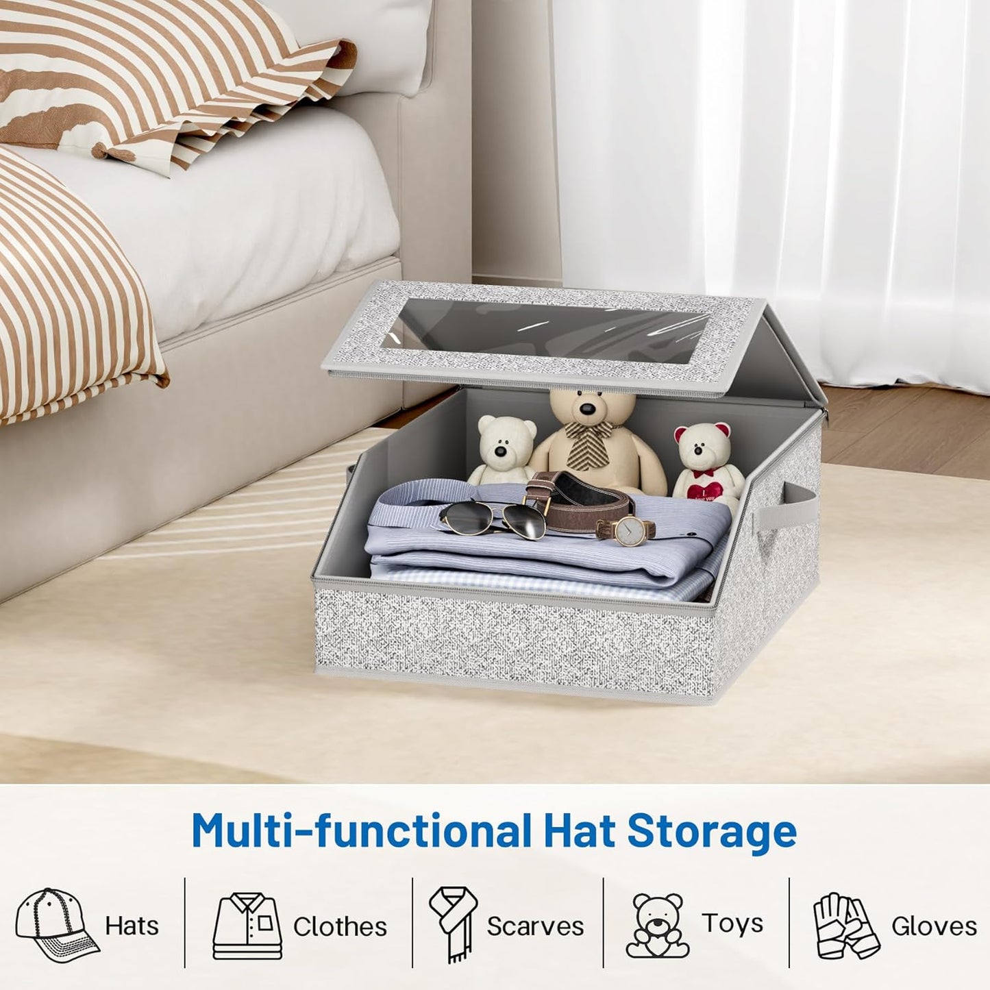 Baseball Cap Organizer for Closet, Large Hat Storage Box with Clear Windows, Sturdy Hat Rack Holder Fits up to 24 Ball Caps, Dustproof Hat Box with Cardboard Inserts for Men& Women