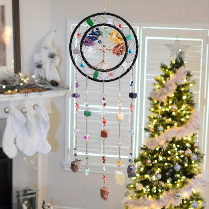 Handmade Bohemian Crystal Shattered Stone Sun Catcher & Wind Chime with Woven Life Tree Pendant - Shatter Crystal Stones Wind- Sound for /Outdoor Hanging Decor, Portable Nordic Wind Chime Suitable for Christmas, Weddings, Birthdays, New Year Gifts