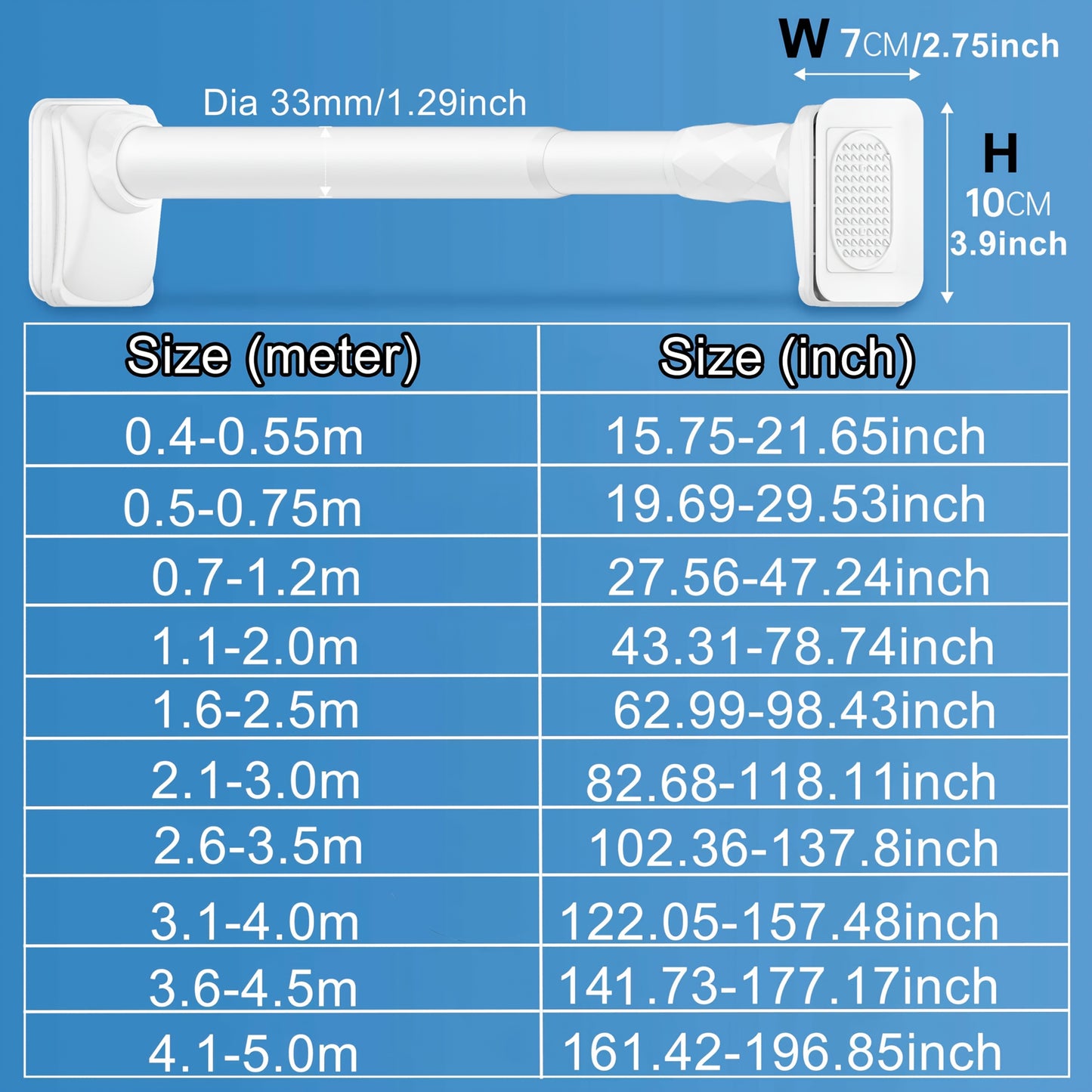 15.75inch - 196.85inch No Drilling Curtain Rail 33Mm Diameter Telescopic Shower Curtain Rod, Extendable Telescopic Rod, Long Adjustable Curtain Rod for Large Windows
