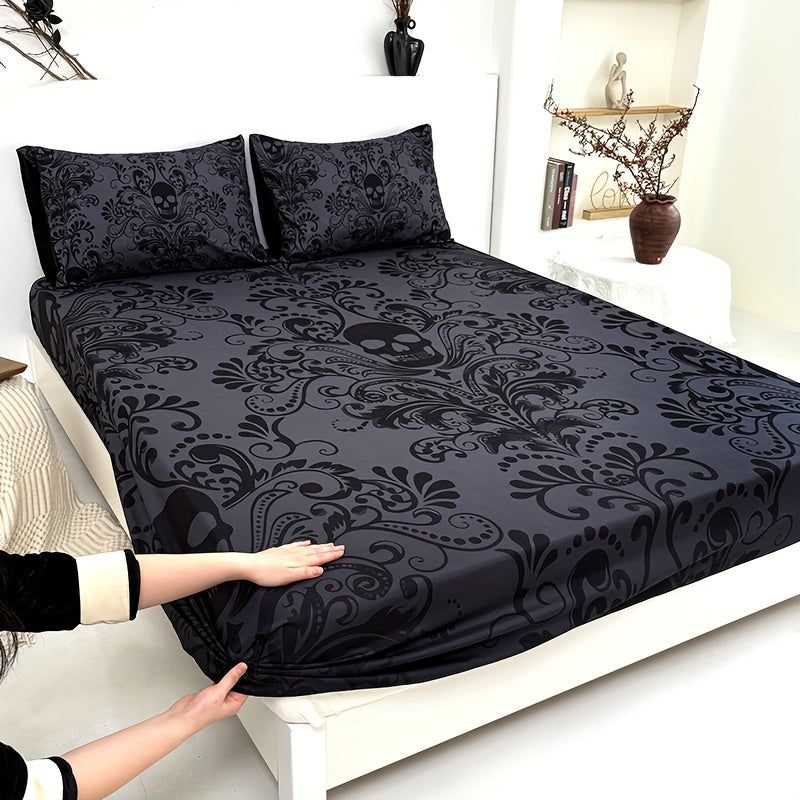 3pcs Black and Gray Patterned Skull Victorian Baroque Gothic Vintage Fitted Sheet Set - 1 Fitted Sheet + 2 Pillowcases (Pillow Inserts Not Included), Classic Halloween Series, Deep Pocket 15 Inches, Machine Washable, Hypoallergenic, High Quality