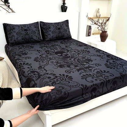 3pcs Black and Gray Patterned Skull Victorian Baroque Gothic Vintage Fitted Sheet Set - 1 Fitted Sheet + 2 Pillowcases (Pillow Inserts Not Included), Classic Halloween Series, Deep Pocket 15 Inches, Machine Washable, Hypoallergenic, High Quality