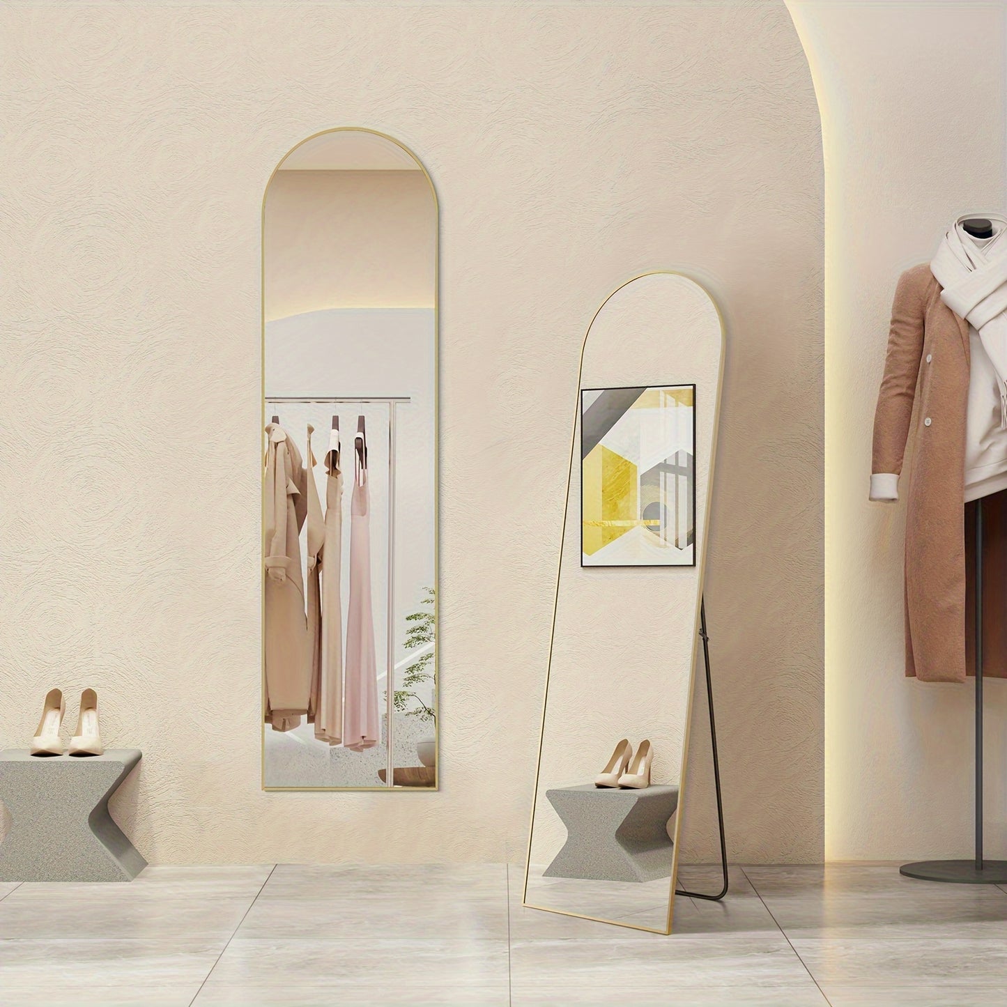 Arched/Rect Full Length Mirror, Full Body Mirror With Stand, Hanging Or Leaning For Wall, Aluminum Alloy Thin Frame Floor Standing For Hotels And Bathrooms