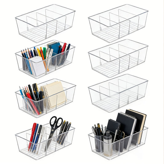 8 Pack Food Storage Organizer Bins, Clear Plastic Bins for Pantry, Kitchen, Fridge, Cabinet Organization And Storage, 4 Compartment Holder for Packets, Snacks, Pouches, Spice Packets